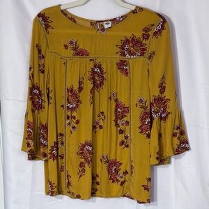 Old Navy Mustard Floral Boho Peasant Top M